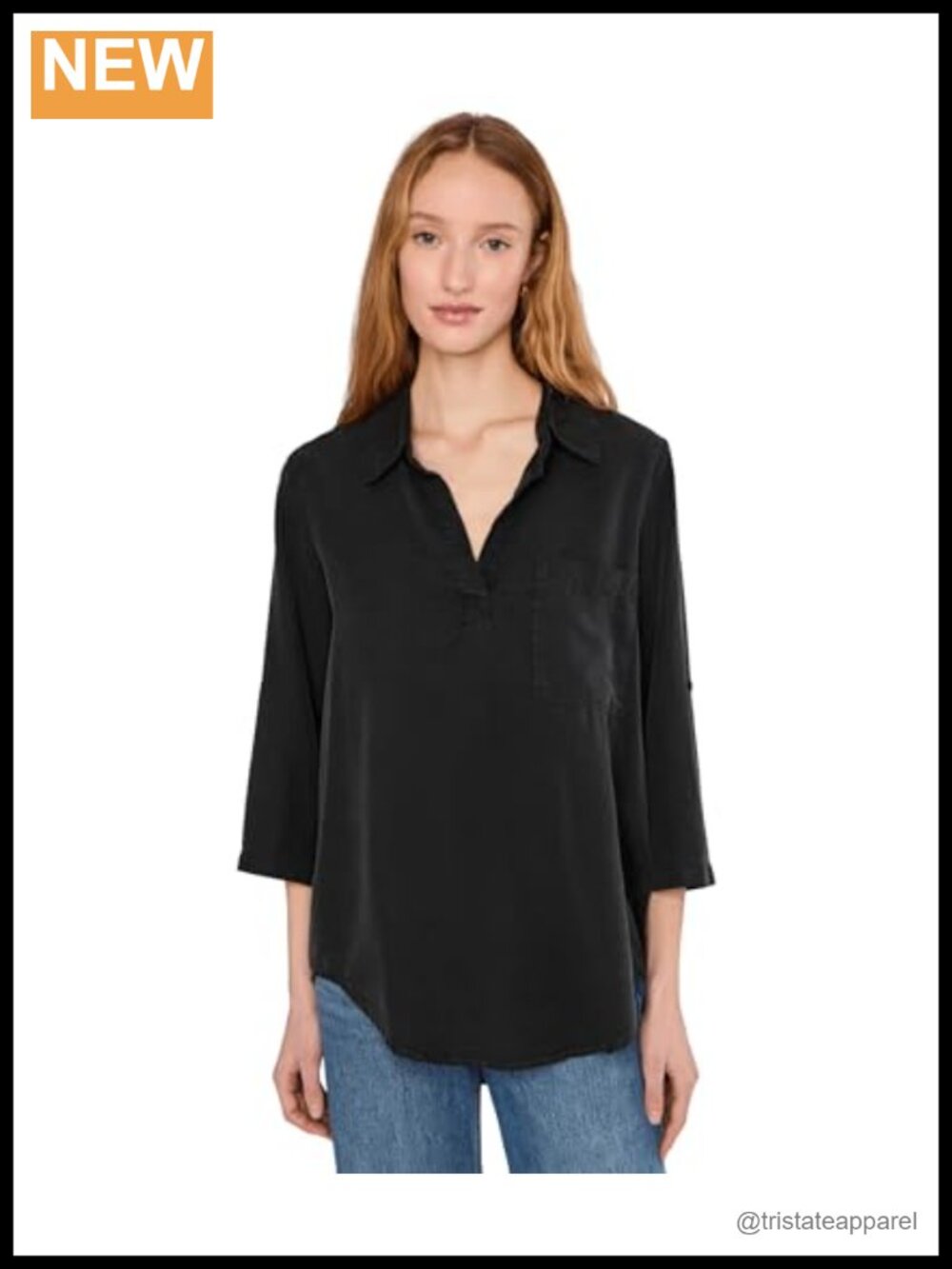 Tencel Roll Tab Patch Pocket Tunic 3/4 Sleeve Relaxed Fit